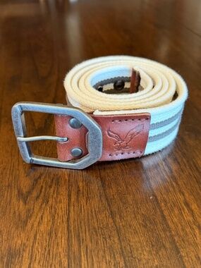 American Eagle Men's Belt Cream and Beige Canvas Webbing Leather Ends, Size 48"